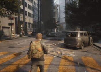 In-game screenshot of 'The Day Before' depicting a character with a backpack looking down a deserted city street with abandoned cars and scattered debris under a hazy sky.