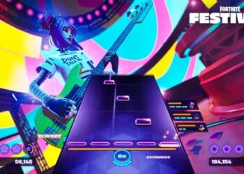 Vibrant screenshot from 'Fortnite Festival' showing a character playing a neon green bass guitar in a rhythm game setting, with colorful stage lights, score indicators, and game HUD elements displayed