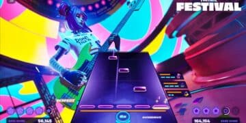 Vibrant screenshot from 'Fortnite Festival' showing a character playing a neon green bass guitar in a rhythm game setting, with colorful stage lights, score indicators, and game HUD elements displayed