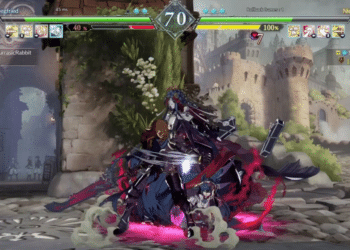 Captura de pantalla del juego "Granblue Fantasy Versus: Rising" mostrando un vibrante combate en un escenario medieval con dos personajes en un duelo intenso. Un luchador desata un poderoso ataque especial contra su oponente, rodeado de efectos visuales espectaculares y detalles enérgicos. La interfaz del juego muestra las barras de vida, tiempo y un medidor de habilidades especiales lleno, indicando un momento crítico en la batalla. La escena se desarrolla ante la mirada de espectadores en un ambiente detallado que evoca la rica narrativa y el mundo de "Granblue Fantasy".