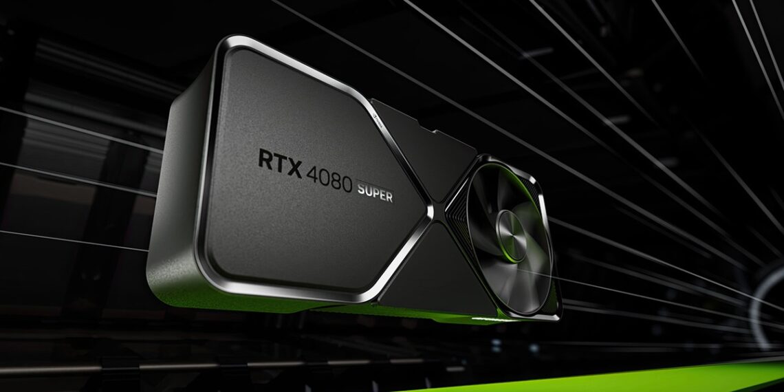 Close-up da placa de vídeo RTX 4080 SUPER, destacando o design futurista e a marca em relevo sobre a textura preta.