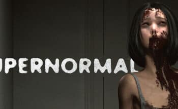 Imagem promocional do jogo "Supernormal" mostrando uma jovem com cabelo curto e manchas de sangue no rosto e corpo, sugerindo elementos de horror e sobrevivência. O título "Supernormal" está escrito em letras desgastadas sobre um fundo sombrio e claustrofóbico, indicando um ambiente tenso e possivelmente uma narrativa psicológica intensa.