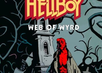 Ilustração do jogo 'Hellboy Web of Wyrd' mostrando Hellboy em sua característica cor vermelha em frente a um cenário sombrio e retorcido de floresta com uma igreja desolada ao fundo, tudo retratado em um estilo de novela gráfica marcante com contrastes ousados.