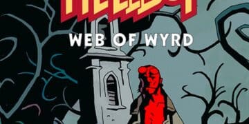 Ilustração do jogo 'Hellboy Web of Wyrd' mostrando Hellboy em sua característica cor vermelha em frente a um cenário sombrio e retorcido de floresta com uma igreja desolada ao fundo, tudo retratado em um estilo de novela gráfica marcante com contrastes ousados.