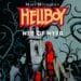 Ilustração do jogo 'Hellboy Web of Wyrd' mostrando Hellboy em sua característica cor vermelha em frente a um cenário sombrio e retorcido de floresta com uma igreja desolada ao fundo, tudo retratado em um estilo de novela gráfica marcante com contrastes ousados.