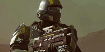 Soldado de HELLDIVERS en pose vigilante, equipado con armadura futurista y el rifle AR-22 Liberator, listo para la acción en PS5.