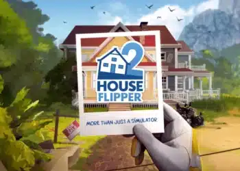 "Promotional image for House Flipper 2, showcasing a hand holding up a sign with the game's logo in front of a picturesque two-story house with a 'For Sale' sign, surrounded by lush greenery and a clear blue sky."