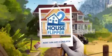 "Promotional image for House Flipper 2, showcasing a hand holding up a sign with the game's logo in front of a picturesque two-story house with a 'For Sale' sign, surrounded by lush greenery and a clear blue sky."