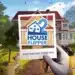 "Promotional image for House Flipper 2, showcasing a hand holding up a sign with the game's logo in front of a picturesque two-story house with a 'For Sale' sign, surrounded by lush greenery and a clear blue sky."