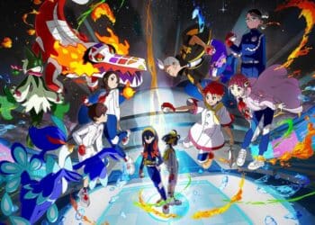 Imagen dinámica de "Pokemon Escarlata y Violeta", mostrando a los personajes principales y sus Pokémon en una pose de acción. Los Pokémon, con diseños vibrantes y poderes elementales, rodean a los entrenadores en un ambiente futurista. La escena es colorida y llena de energía, representando la emoción y la aventura de la nueva generación de juegos de Pokémon.