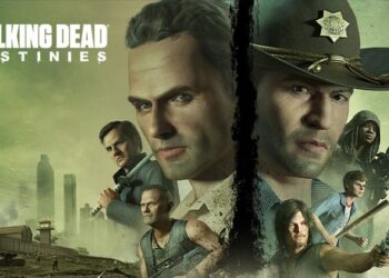 Imagem promocional de "The Walking Dead Destinies" apresentando os personagens principais armados e prontos, com a cidade devastada ao fundo.