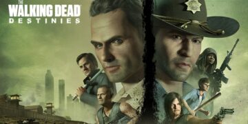 Imagem promocional de "The Walking Dead Destinies" apresentando os personagens principais armados e prontos, com a cidade devastada ao fundo.