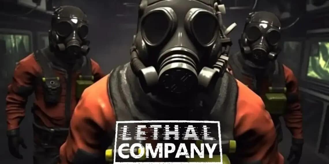 Três personagens do jogo Lethal Company com máscaras de gás em um cenário escuro e tenso, destacando a atmosfera de perigo do jogo