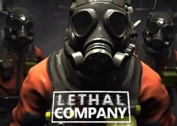 Três personagens do jogo Lethal Company com máscaras de gás em um cenário escuro e tenso, destacando a atmosfera de perigo do jogo