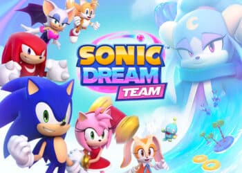 Promotional image for 'Sonic Dream Team' featuring Sonic, Tails, Knuckles, Amy, and other characters against a vibrant, whimsical backdrop with the game's logo overhead