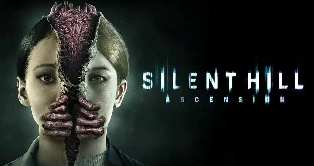 Promotional image for "Silent Hill: Ascension," featuring a chilling split face; one side a normal woman, the other a grotesque, monstrous visage with exposed muscle and sinew, symbolizing the game's theme of duality and the haunting transformation into horror. The title "Silent Hill: Ascension" is displayed in distorted, glitchy text, enhancing the eerie and unsettling atmosphere synonymous with the Silent Hill franchise.