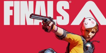 Promotional graphic for the game "The Finals" showing a character in modern combat gear aiming a pistol forward, with a bold, oversized title logo in white against a striking red background. The character sports a protective helmet with a whimsical pink design, indicating a blend of action-packed gameplay with a playful art style. The image suggests a competitive, possibly esports-oriented gaming experience with an emphasis on individual skill and style.