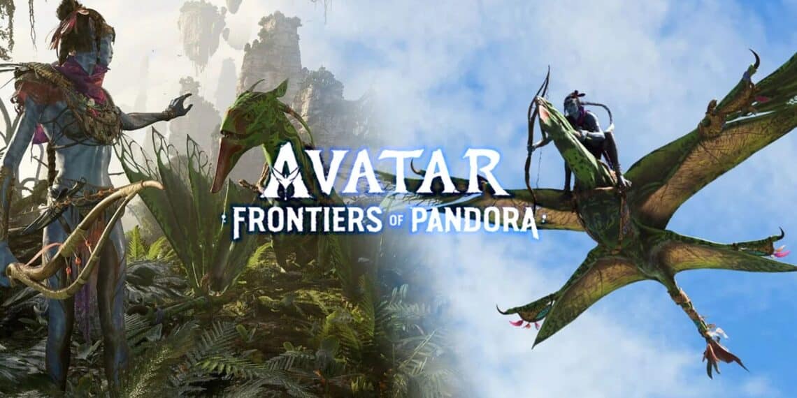 Na'vi characters from Avatar: Frontiers of Pandora engaging with native creatures and lush vegetation in the game's expansive world.