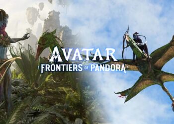 Na'vi characters from Avatar: Frontiers of Pandora engaging with native creatures and lush vegetation in the game's expansive world.