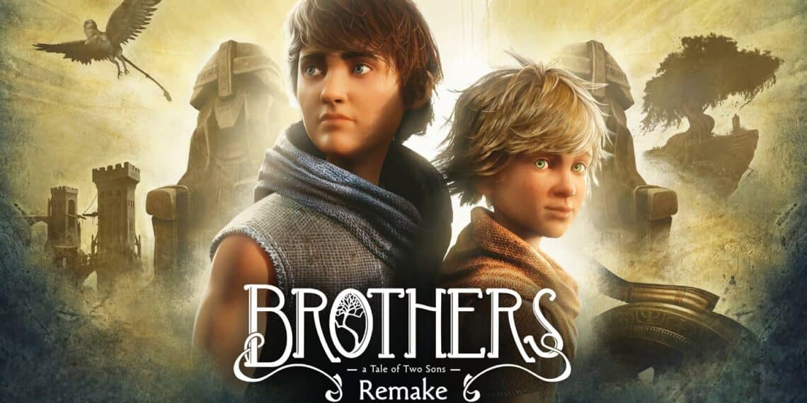 Portada del remake del videojuego "Brothers: A Tale of Two Sons", mostrando a los dos hermanos protagonistas, con un paisaje de aventuras y misticismo de fondo, incluyendo un árbol emblemático y ruinas antiguas