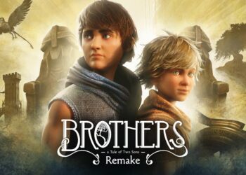 Portada del remake del videojuego "Brothers: A Tale of Two Sons", mostrando a los dos hermanos protagonistas, con un paisaje de aventuras y misticismo de fondo, incluyendo un árbol emblemático y ruinas antiguas