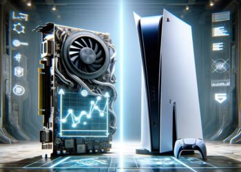 Conceptual artwork contrasting the Radeon RX 6700 graphics card and PlayStation 5, with a performance graph on display, set in a futuristic tech environment