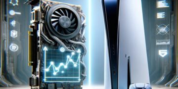 Conceptual artwork contrasting the Radeon RX 6700 graphics card and PlayStation 5, with a performance graph on display, set in a futuristic tech environment