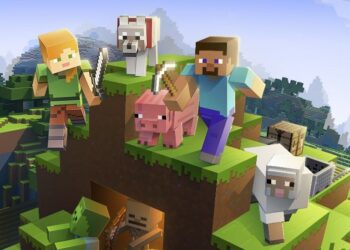 Personajes y animales pixelados del videojuego Minecraft aventurándose en un mundo virtual de bloques, con montañas y cielo azul en el fondo.