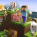 Personajes y animales pixelados del videojuego Minecraft aventurándose en un mundo virtual de bloques, con montañas y cielo azul en el fondo.