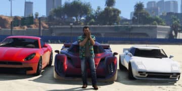 Imagem de GTA 5 com mods, mostrando carro azul em alta velocidade e derrapando.