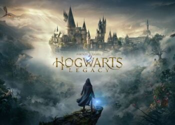 Promotional image for "Hogwarts Legacy," depicting a solitary figure looking towards the iconic Hogwarts castle amidst a misty, magical landscape with dragons soaring in the sky.