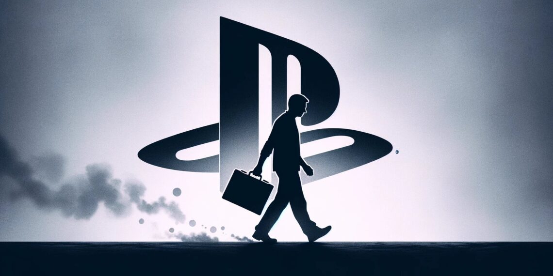 A figure carrying a briefcase walks away from a large PlayStation logo, casting a long shadow, symbolizing Sony's significant layoffs