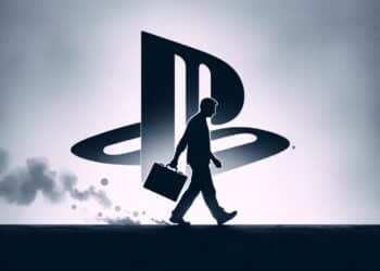 A figure carrying a briefcase walks away from a large PlayStation logo, casting a long shadow, symbolizing Sony's significant layoffs