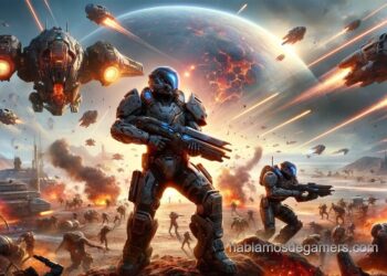 Escena intensa de 'Helldivers 2' con soldados futuristas luchando contra alienígenas en un planeta devastado por la guerra, con naves descendiendo del cielo, explosiones y un caos bélico vibrante. En la parte inferior, el discreto logotipo 'hablamosdegamers.com