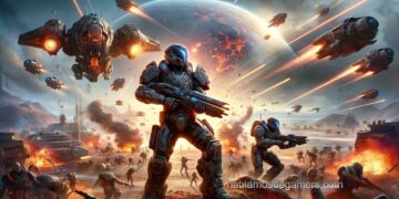 Escena intensa de 'Helldivers 2' con soldados futuristas luchando contra alienígenas en un planeta devastado por la guerra, con naves descendiendo del cielo, explosiones y un caos bélico vibrante. En la parte inferior, el discreto logotipo 'hablamosdegamers.com