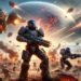 Escena intensa de 'Helldivers 2' con soldados futuristas luchando contra alienígenas en un planeta devastado por la guerra, con naves descendiendo del cielo, explosiones y un caos bélico vibrante. En la parte inferior, el discreto logotipo 'hablamosdegamers.com