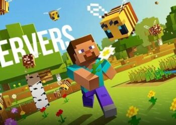 Imagen promocional de Minecraft mostrando la función de servidores multijugador con personajes, abejas y un paisaje de bloques típico del juego.