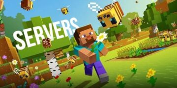 Imagen promocional de Minecraft mostrando la función de servidores multijugador con personajes, abejas y un paisaje de bloques típico del juego.