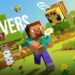 Imagen promocional de Minecraft mostrando la función de servidores multijugador con personajes, abejas y un paisaje de bloques típico del juego.