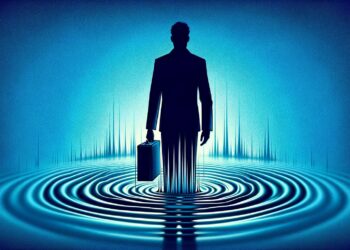 Silueta de un hombre de negocios con maletín, rodeado de ondas en azul que representan las repercusiones de despidos corporativos