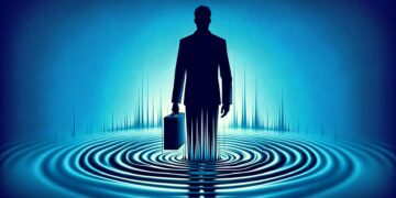 Silueta de un hombre de negocios con maletín, rodeado de ondas en azul que representan las repercusiones de despidos corporativos