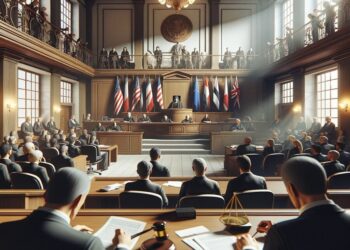 Imagem de um tribunal lotado durante um julgamento importante, com juízes, advogados e espectadores sob a observação de bandeiras neutras.