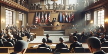 Imagem de um tribunal lotado durante um julgamento importante, com juízes, advogados e espectadores sob a observação de bandeiras neutras.