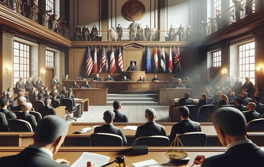 Imagem de um tribunal lotado durante um julgamento importante, com juízes, advogados e espectadores sob a observação de bandeiras neutras.