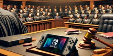 Imagem de um julgamento em um tribunal, com um Nintendo Switch e um martelo de juiz sobre a mesa, cercados por documentos legais, simbolizando um caso judicial sério e importante
