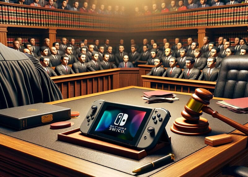 Imagem de um julgamento em um tribunal, com um Nintendo Switch e um martelo de juiz sobre a mesa, cercados por documentos legais, simbolizando um caso judicial sério e importante