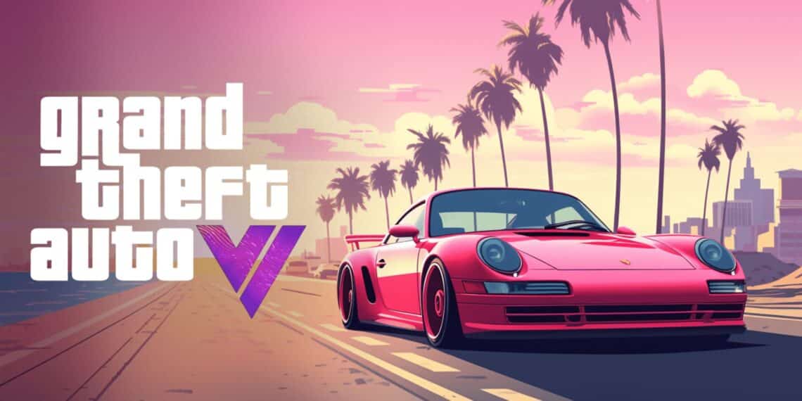 Imagen promocional de Grand Theft Auto VI con un lujoso coche deportivo rosa sobre fondo de un atardecer en la ciudad, palmeras y un cielo rosado.