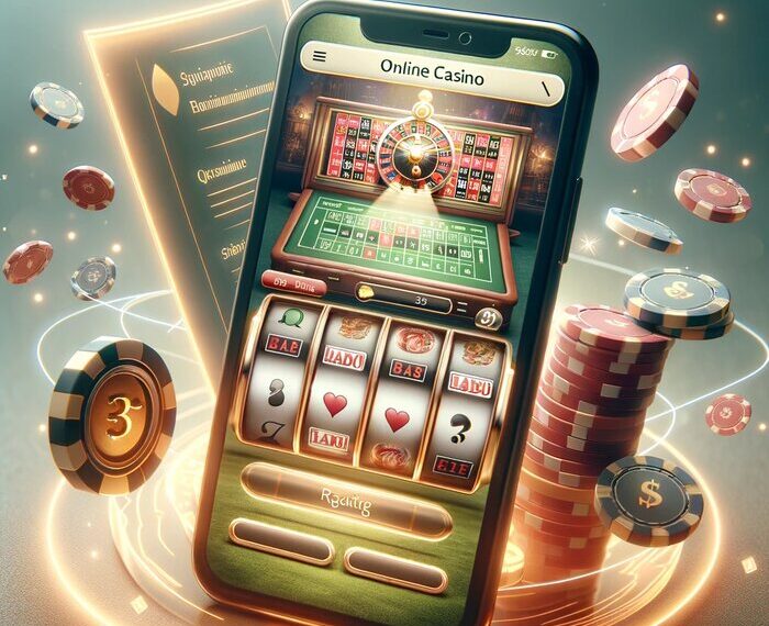 Smartphone exibindo um colorido jogo de cassino online com roleta e slot machine, cercado por fichas de cassino flutuantes, simbolizando a experiência imersiva do jogo virtual