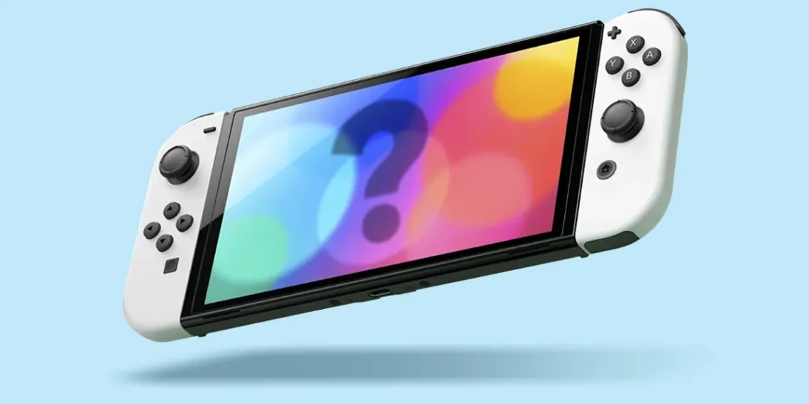 The image shows a Nintendo Switch gaming console against a plain light blue background. The screen of the Switch displays a colorful, abstract design with a large question mark in the center, suggesting a sense of mystery or an announcement about an upcoming game or feature. The Joy-Con controllers are attached to either side of the device, indicating it is in handheld mode.
