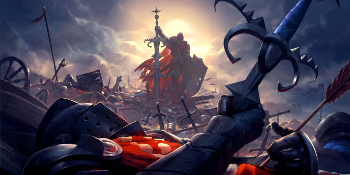 Un guerrero imponente se alza triunfante en el campo de batalla, rodeado de armas y estandartes bajo un cielo crepuscular en Old School RuneScape.